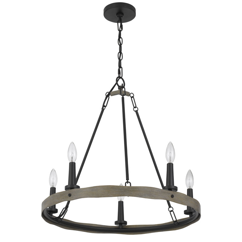 Lustre en roue de chariot à 5 lumières avec accents en bois