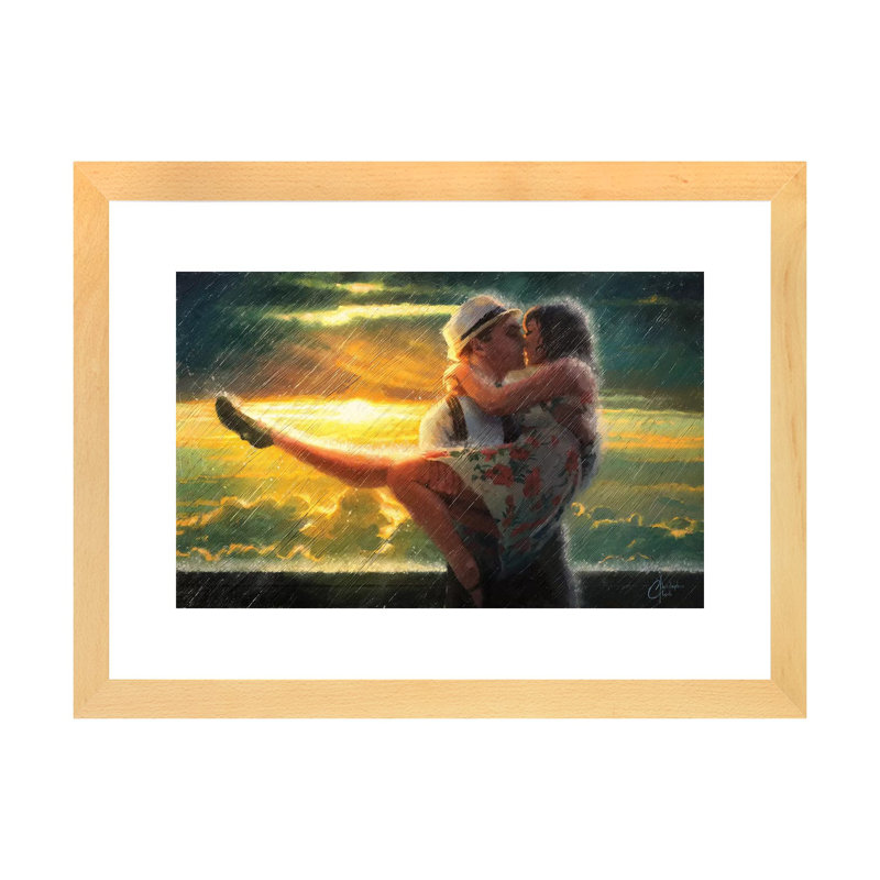 «Romance in the Rain» par Christopher Clark, reproduction d'art, H 24 po x l 32 po x P 1 po, Papier encadré de bois naturel