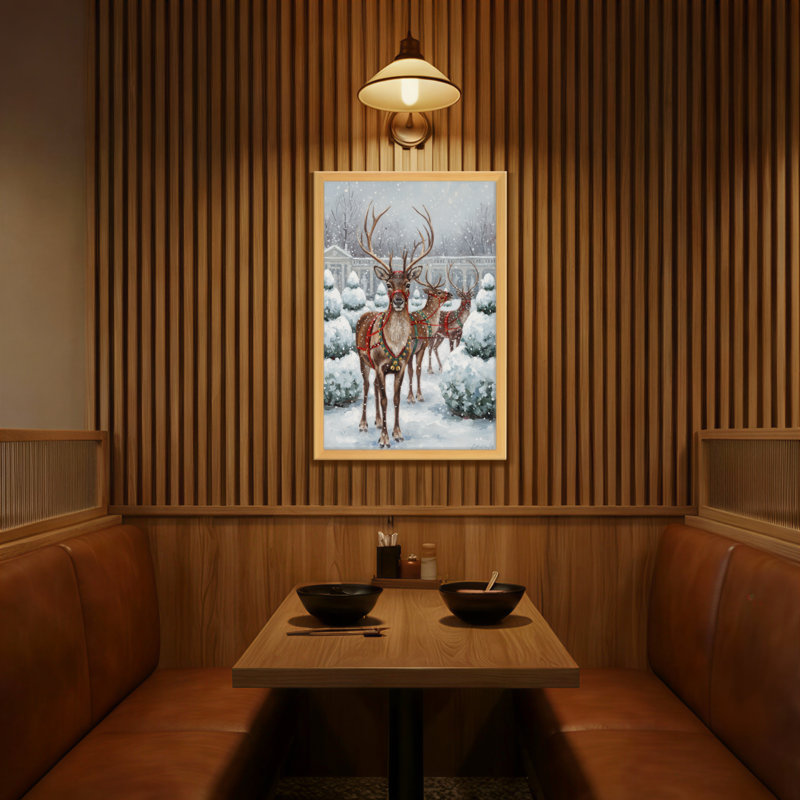 Animaux, renne dans un paysage d'hiver enneigé avec décorations, H 18 po x l 12 po
