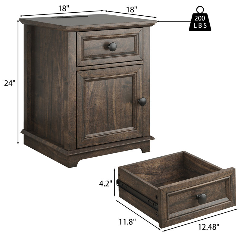 Vianet 24'' Tall End Table with Storage Drawer and Built-In Outlets, Rustic Brown