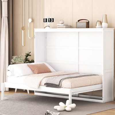 Lit mural blanc 2 places, solution gain de place pour petits espaces, surface de couchage confortable, facile à plier, idéal pour une chambre d'amis ou un bureau, sommier à lattes flexibles et confortable, montage facile