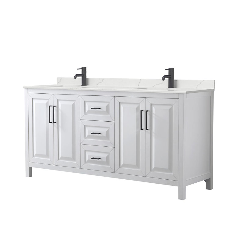 Meuble-lavabo double 72 po avec plateau en quartz Daria, Noir mat, Blanc, Quartz blanc