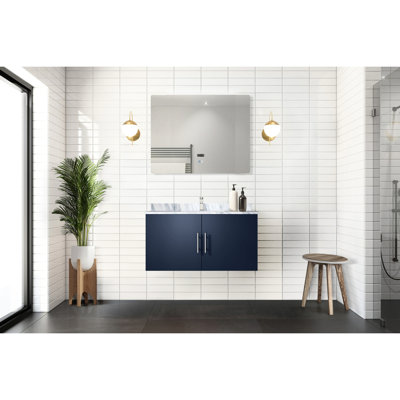 36 po L x P 22 po. Meuble-lavabo bleu, comptoir en marbre, robinet, miroir à DEL - contre les taches et les dommages aux meubles de salle de bain