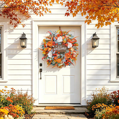 24-Inch Artificial Fall Wreath with Lamb's Ear Leaves, Roses, Berries and Wooden Sign
