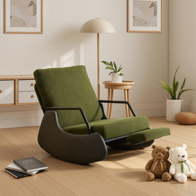 Rocking Recliner Chair With Retractable Footrest And Adjustable Backrest, Upholstered Glider Accent Chair – Green Grey