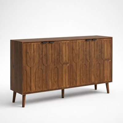 Buffet moderne du milieu du siècle, meuble de service à 4 portes en bois massif avec poignées en métal, pieds en bois massif, étagères réglables, grand plateau et système anti-basculement.