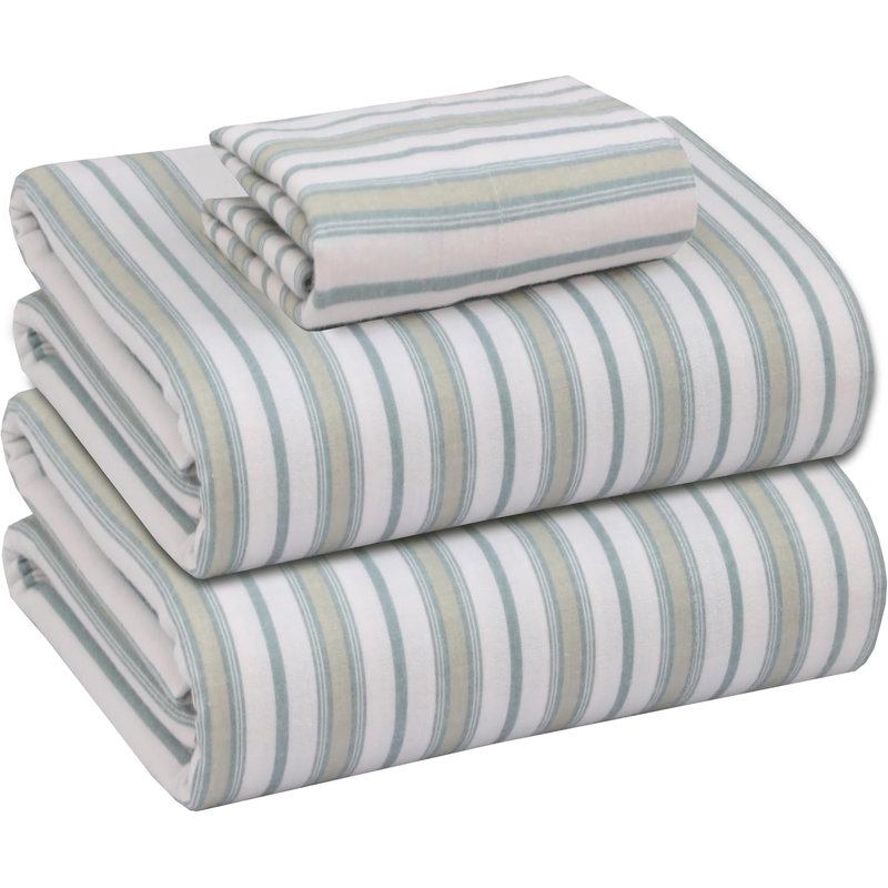 RUVANTI 100% Cotton Flannel Sheets Twin Size 16 inch Deep Pocket, 3 PCs Set, Ocean Stripe, Twin, Ocean Stripe Striped