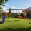 Ensemble de terrain de jeu extérieur 5 en 1 avec capacité de 700 lb, balançoire à soucoupe, glissade et barre de trapèze pour les enfants de 3 à 12 ans
