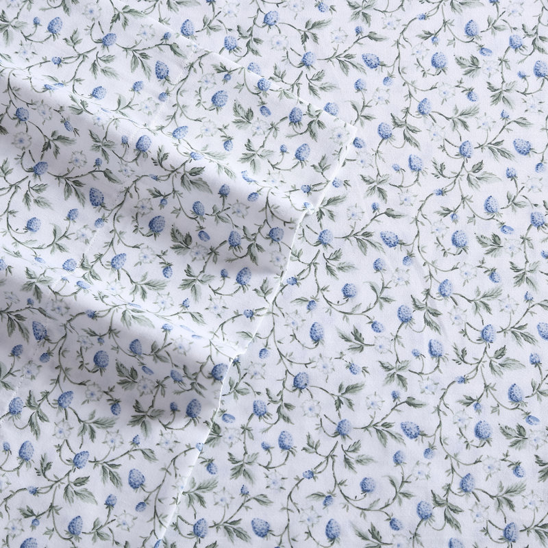 Blue Floral Print Cotton Queen Sheet Set