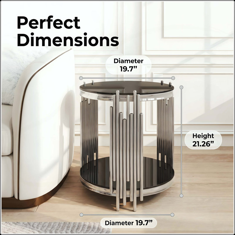Table de bout ronde à 2 niveaux en verre avec pieds en acier inoxydable argenté, Noir / Argenté