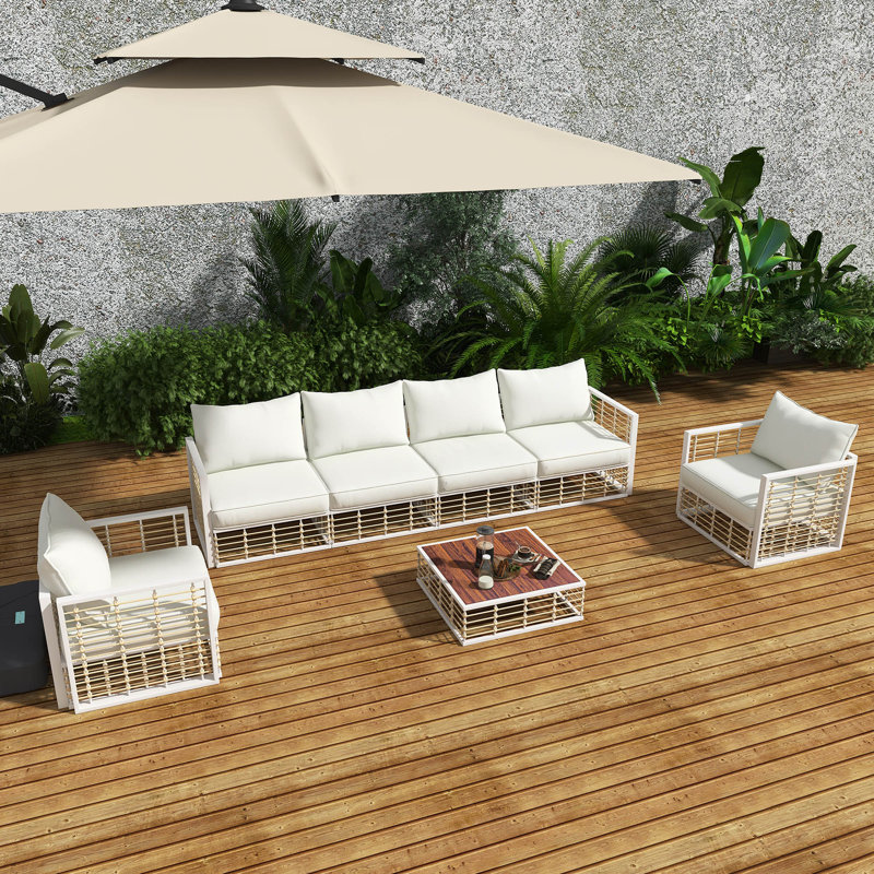 Ensemble de canapé modulaire en métal 7 pièces avec coussins 7 pièces, Ivoire, Blanc