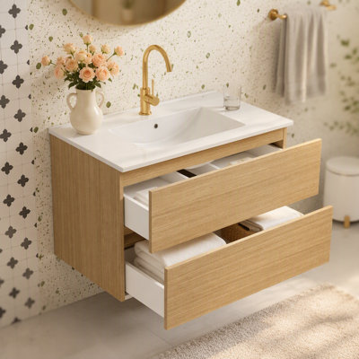 Meuble-lavabo mural 32 po avec tiroirs doubles, système de fermeture en douceur, évier en céramique, conception sans poignée, bois massif, facile à installer, le robinet n'est pas inclus, naturel