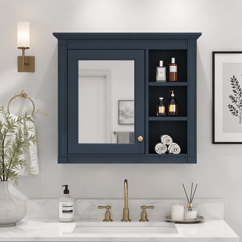 Armoire à pharmacie murale moderne pour salle de bain avec miroir et 3 tablettes ouvertes (meuble-lavabo non inclus)., Bleu