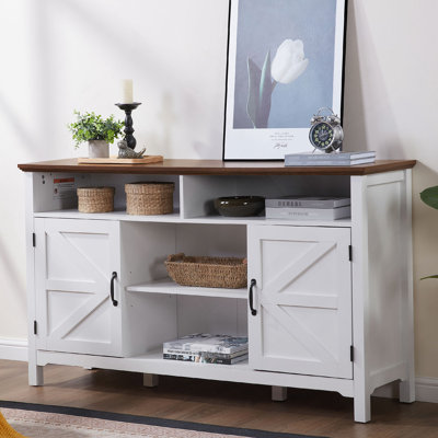 Buffet Farmhouse avec portes de grange à charnières, grande armoire de rangement de cuisine de 58 po avec tablettes réglables, table basse en bois blanc antique pour salle à manger, salon, entrée