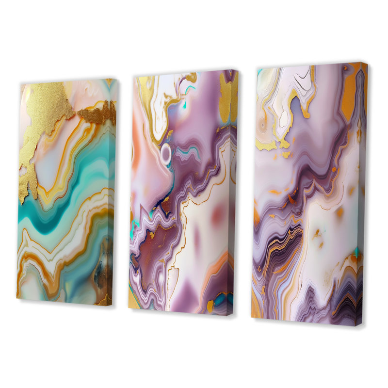 Liquid Art Gold Blue Turquoise Agate - Abstract Shapes Art Set Of 3 Pieces, Toile tendue, H 28 po x l 36 po