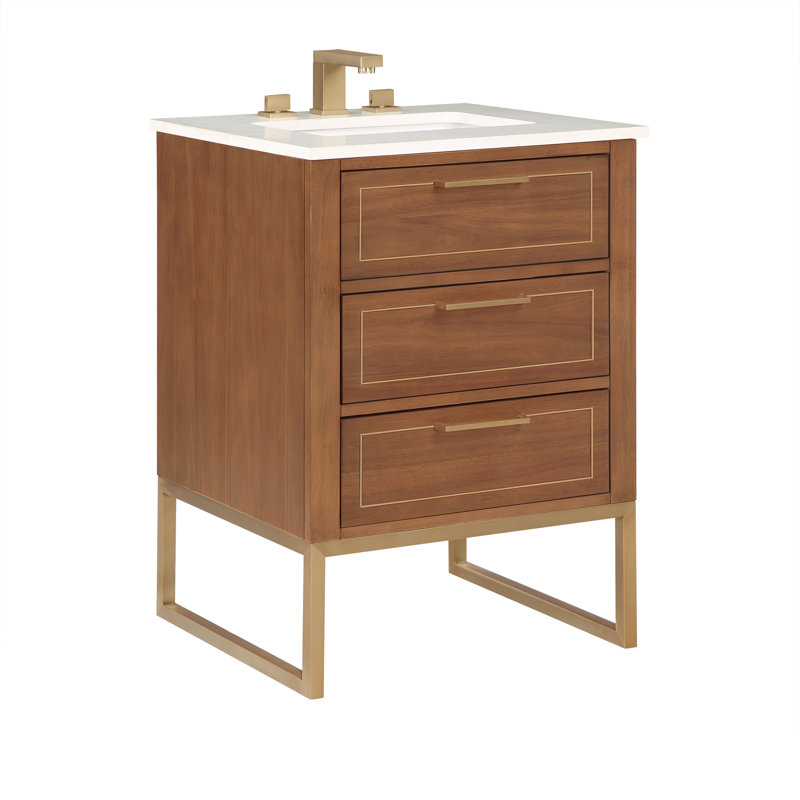 Ensemble de meuble-lavabo simple 24 po Markham, Noyer, Quartz blanc, Laiton satiné