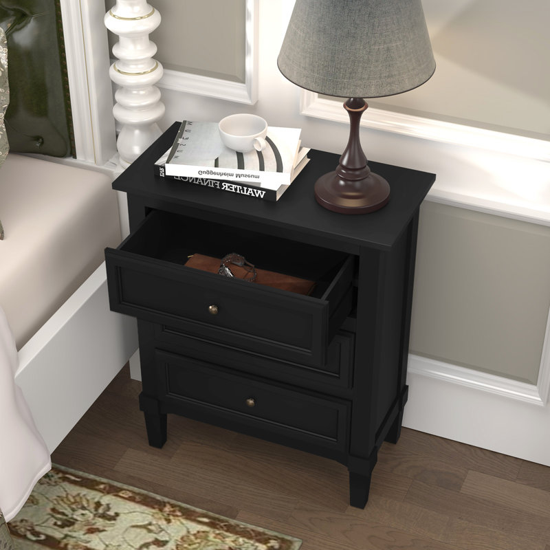 Black Nightstand with Three Drawers, Fully Assembled, Black