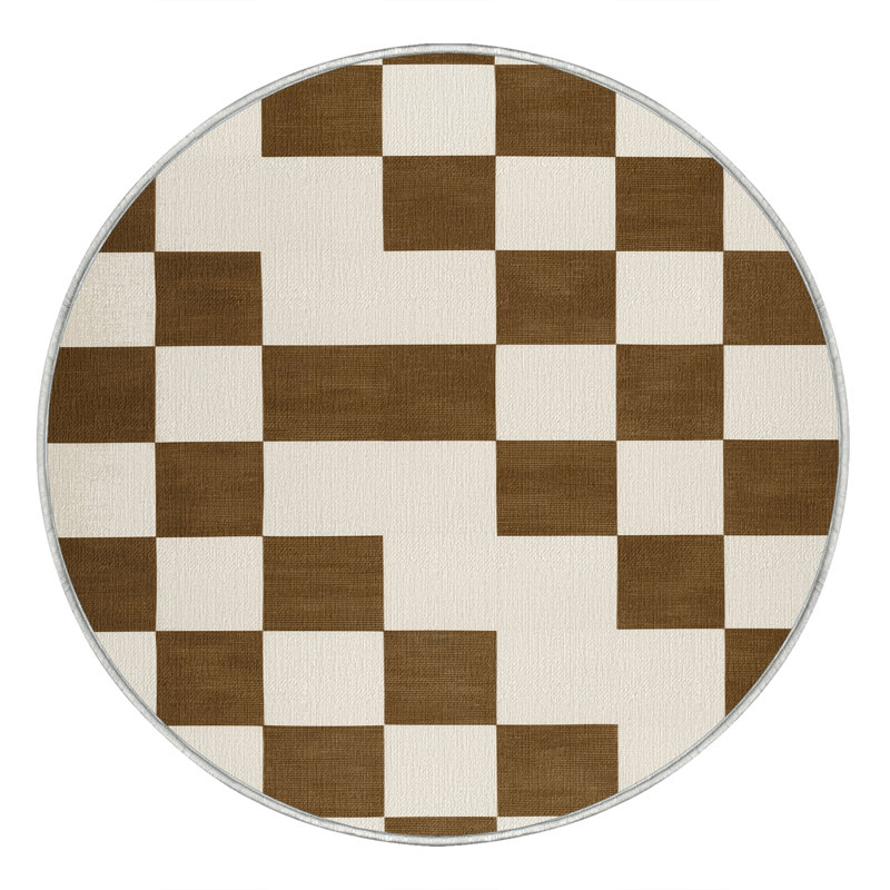 Tapis beige à carreaux lavable à la machine, Rond 4 pi