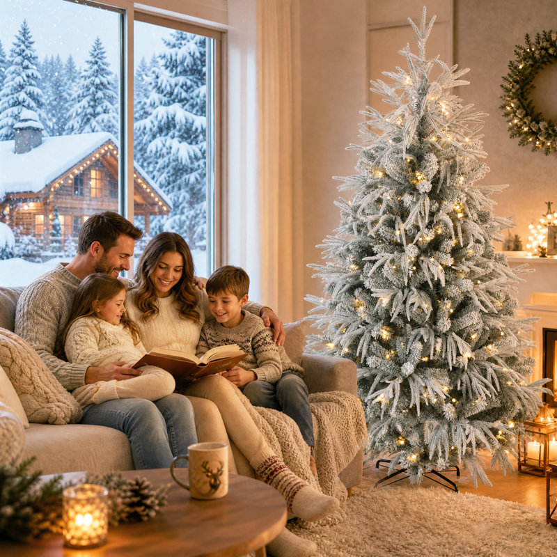 Sapin de Noël pré-illuminé de 1,80 m, sapin floqué, vert et blanc