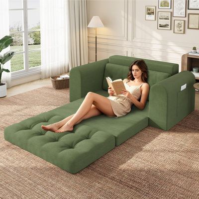 Canapé-lit multifonctionnel convertible – Canapé-lit futon pliant 2 places en velours côtelé de 150 cm avec accoudoirs ronds – Aucun assemblage requis, idéal pour le salon ou la chambre – Vert