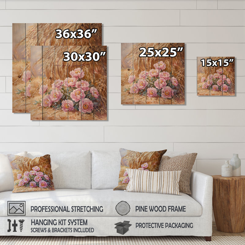 Peonies Near The Haystack - Peonies Wood Wall Decor - On Natural Pine Wood, 25" H x 25" W x 0.78" D