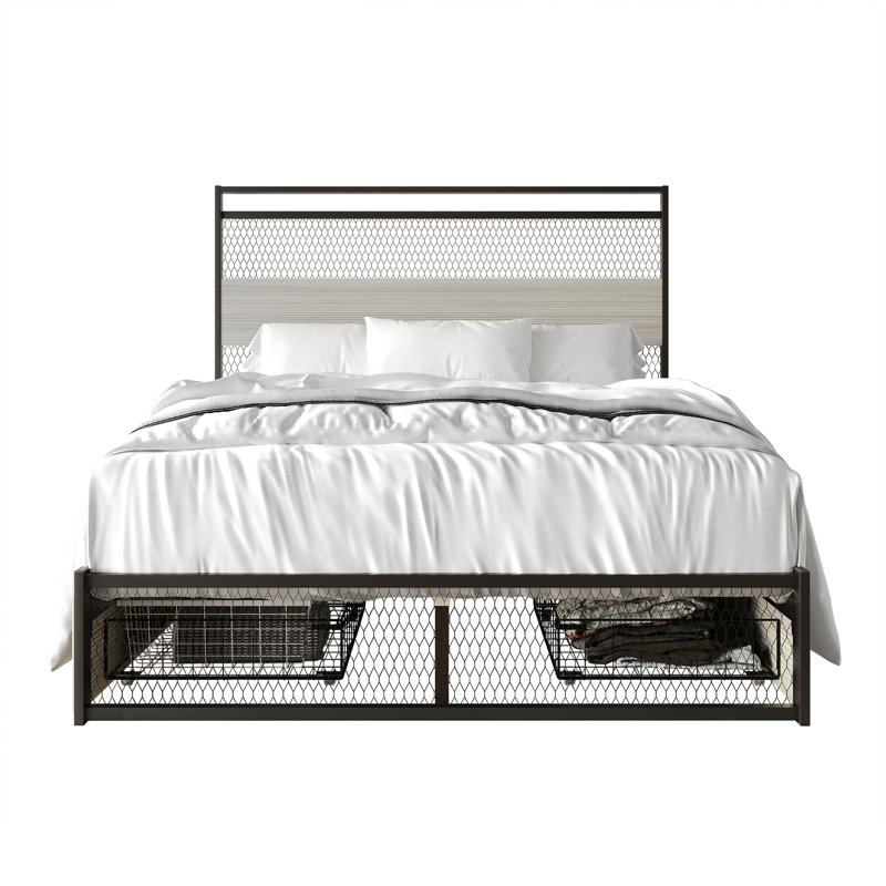 Full Metal Platform Bed With Storage In Brown, Light Gray, Full