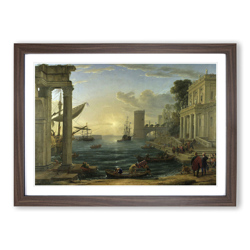 Embarkation of the Queen of Sheba by Claude Lorrain - Picture Frame Painting, Walnut Framed, 27cm H x 36cm W x 2cm D