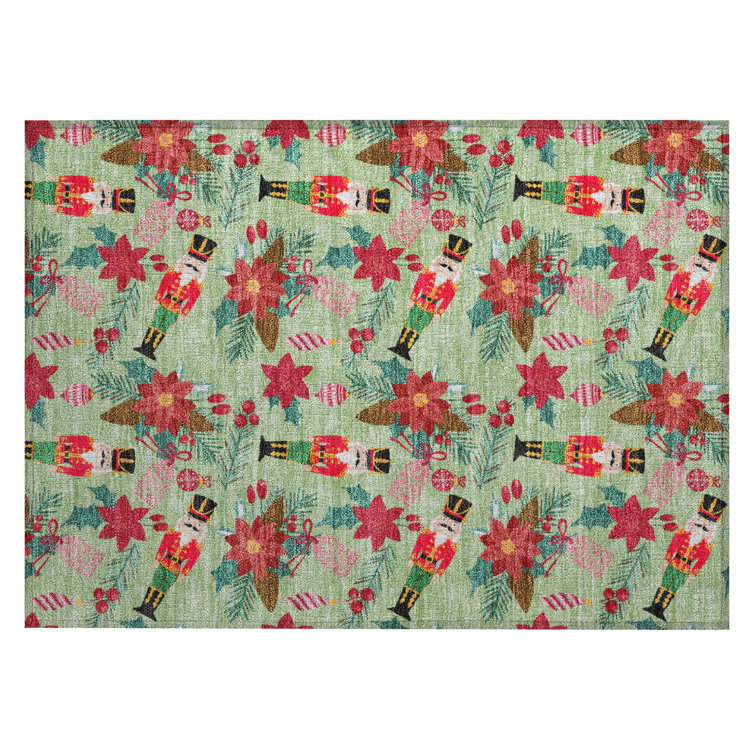 Machine Washable Indoor/Outdoor Christmas Nutcracker Xhevrie Aloe Rug