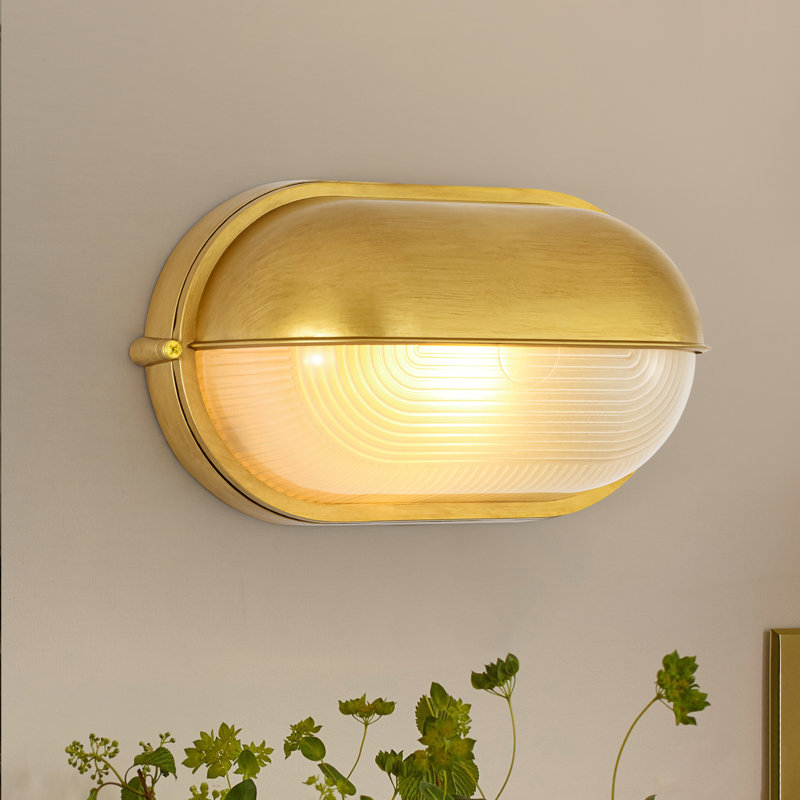 1-Light Transitional Oval Metal and Ribbed Glass Wall Sconce with Painted Gold Finish
