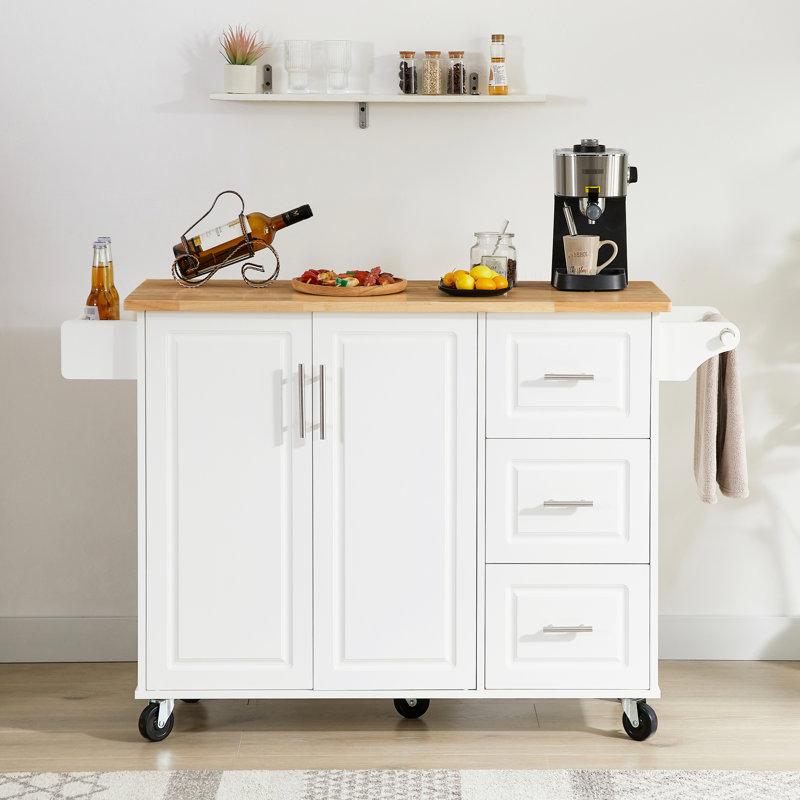Îlot de cuisine blanc à roulettes avec armoire de rangement et comptoir à abattants pour un espace efficace, Blanc