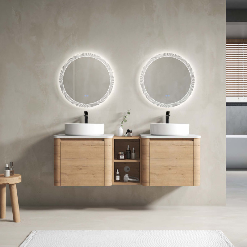 Meuble-lavabo mural 60 po avec lavabo d'art en céramique et 1 tablette de rangement, porte à fermeture en douceur, 60", Blanc