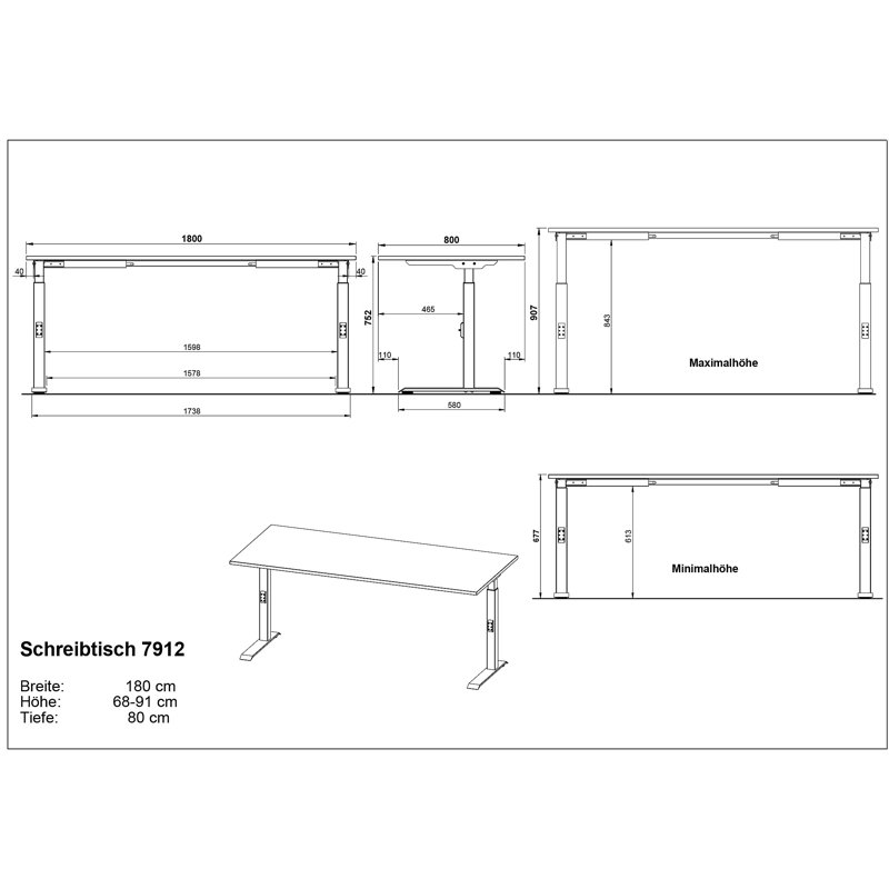 Bonares Adjustable Metal Base Desk, 91cm H x 180cm W x 80cm D, in Grey