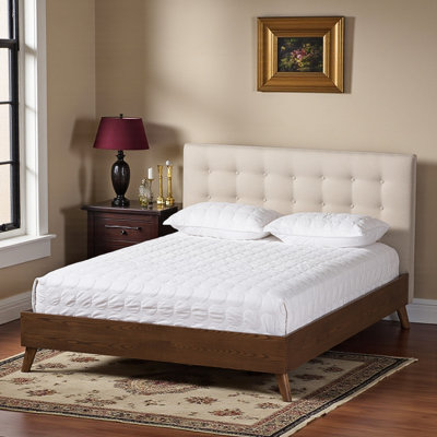 Light Beige Fabric Upholstery in Walnut Wood Finish Platform Bed, 43.42'' H X 80.29'' W X 85.67'' L