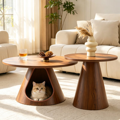 Ensemble de 2 tables basses gigognes avec niche pour chat intégrée, tables d'appoint rondes modernes avec plateau en bois et piètement en acier au carbone, mobilier pour animaux 2 en 1 pour salon et petits espaces
