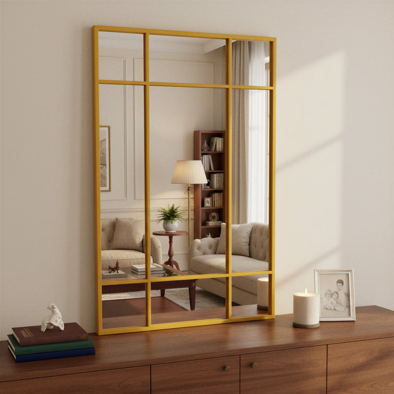 Miroir mural rectangulaire à angle droit quadrillé, noir et doré, plusieurs tailles, Doré, 36 po x 24 po