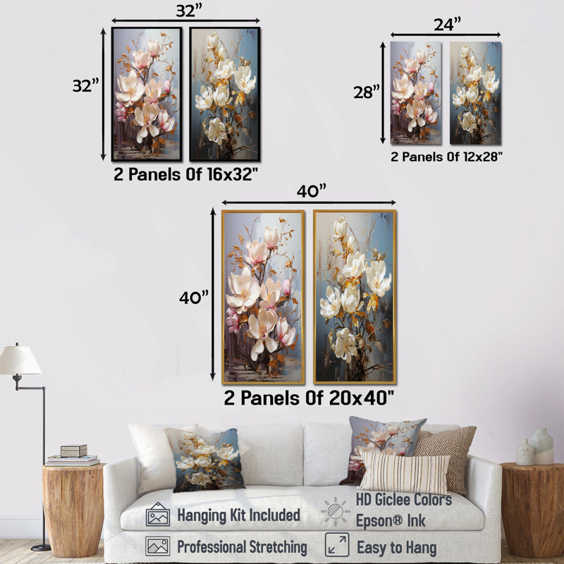 «Magnolias» - ensemble de 2 impressions sur toile dorées, H 40 po x l 41 po, Toile tendue