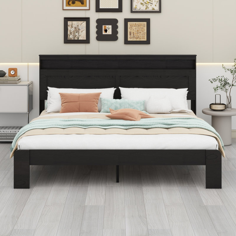 Structure de lit plateforme en bois avec tête de lit à DEL et USB, Noir foncé, Très grand lit