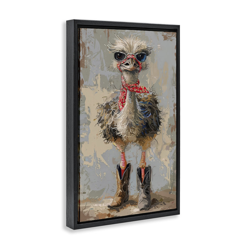 Toile flottante autruche et bottes de cowboy encadrée par Petals Prints Design, H 25 po x l 17 po