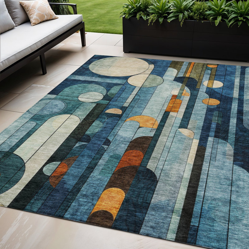 Tapis extérieur lavable géométrique ivoire et cuivre 5 pi x 8 pi bleu