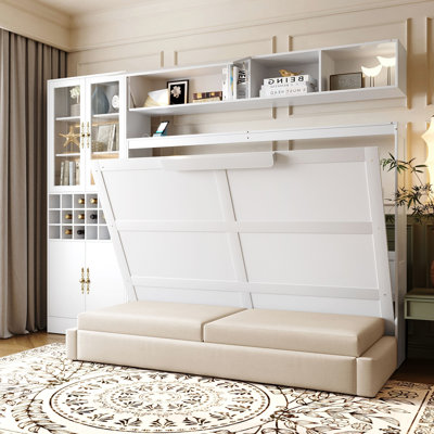 Lit double en blanc avec tablettes inclus - idéal pour les petits appartements, les chambres confortables et peu encombrantes