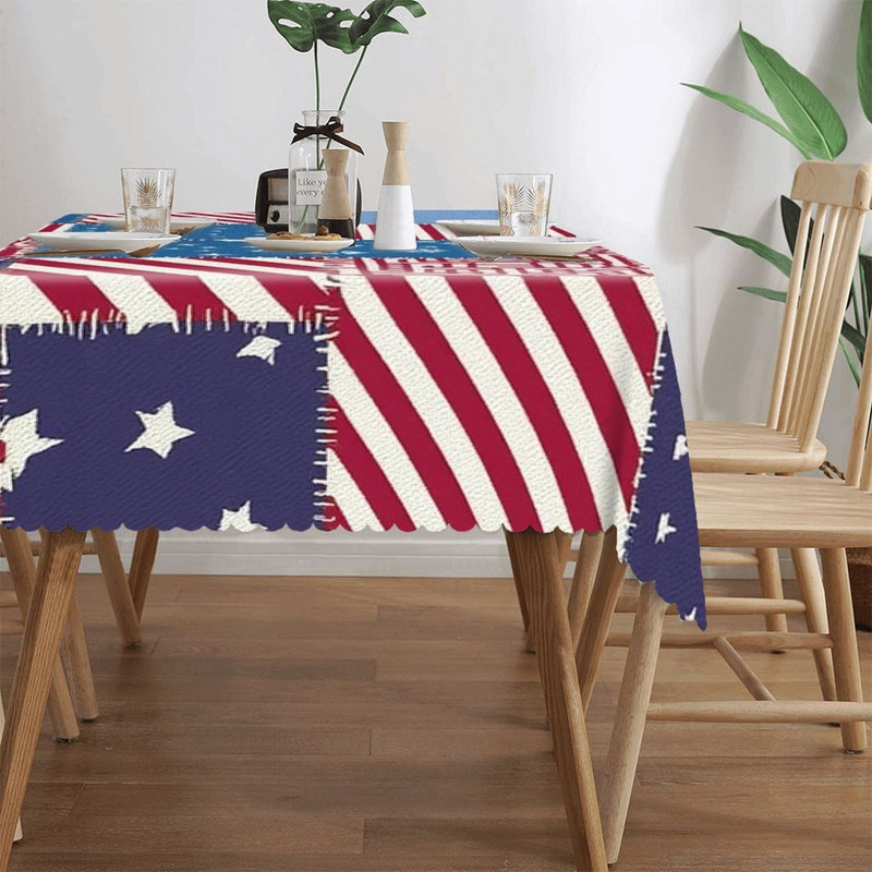 Retro Patchwork Star Stripe Independence Day 60" x 120" Scalloped Rectangular Tablecloth for Parties