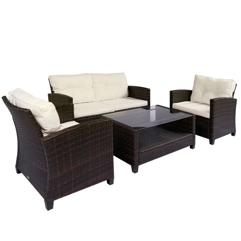 Ensemble de 4 meubles de patio en osier pour l'extérieur avec coussins, Brun, Beige