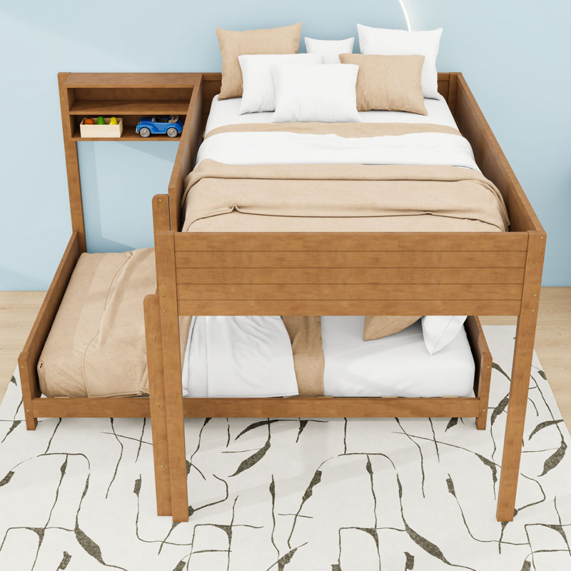 Full XL over Full XL Wooden Bunk Bed with Built-in Storage Shelves, Walnut