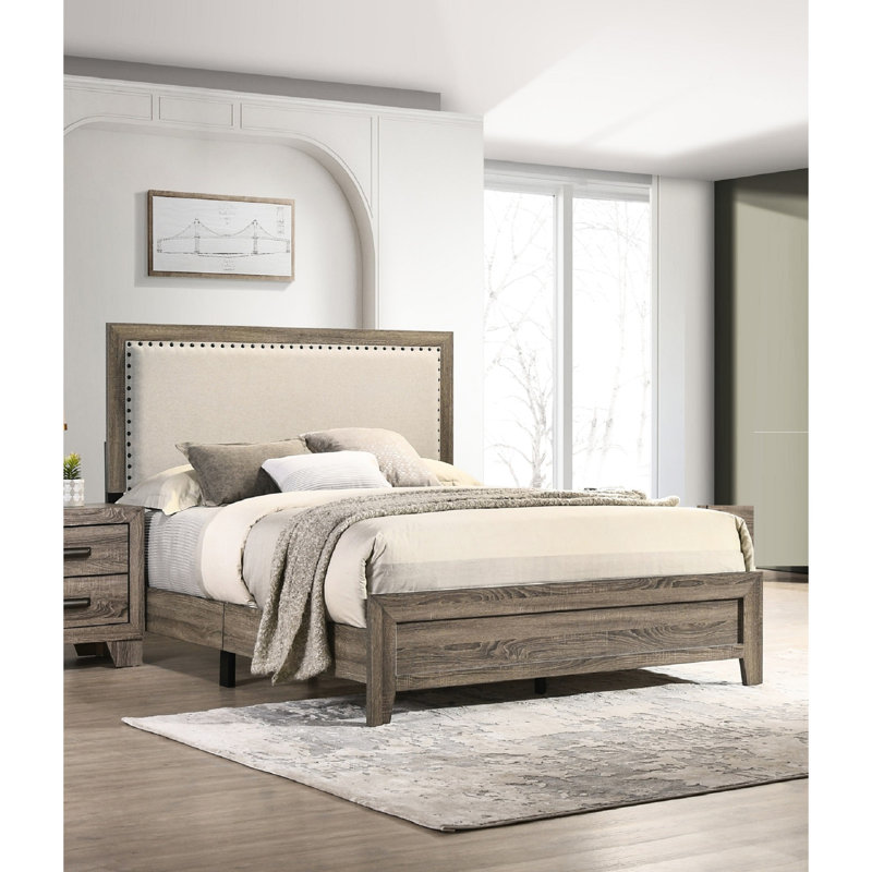 Lit double avec tête de lit tapissier gris et placages de bois fiables, Lit double, Gris