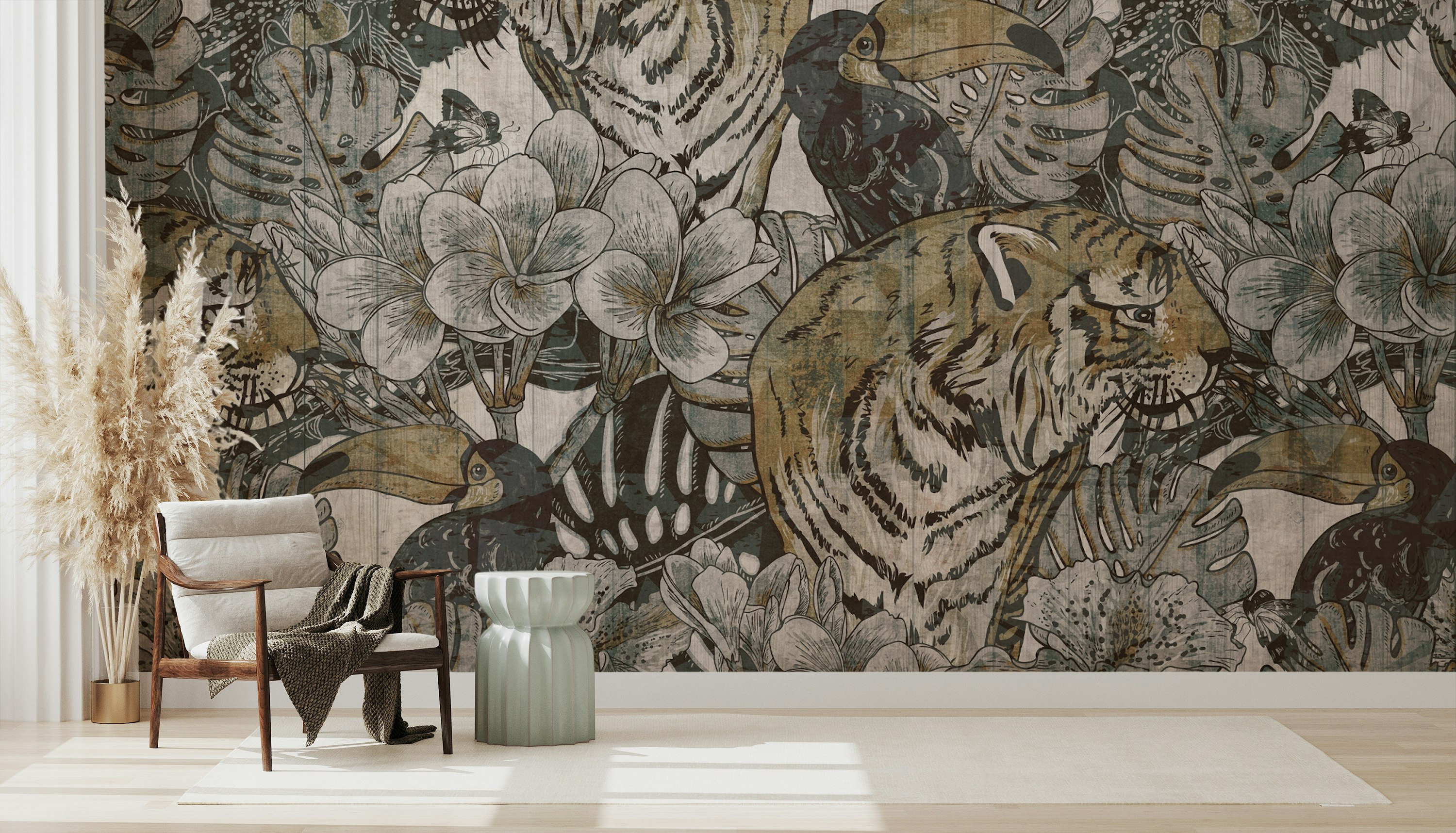 Millwood Pines Tropical Animals Flowers Jungle Leaves Lion Bird ...