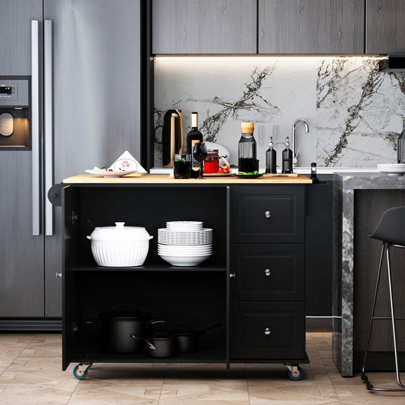Mobile Kitchen Island with Drop Leaf, Black