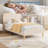 Twin XL Velvet Bed Frame with LED Headboard  Footboard  Princess Platform for Kids  Slats  Beige-682560428-682560426