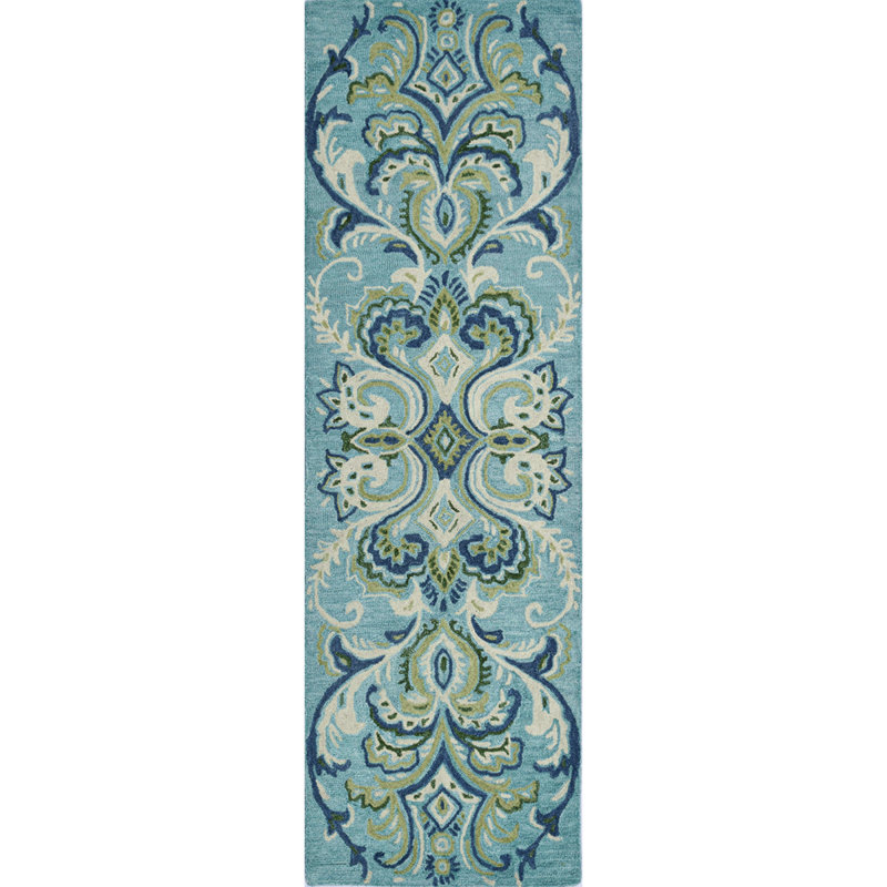 Adelaide Hand Hooked Aqua/Green/Ivory Wool Rug, Runner 2'6" x 8'