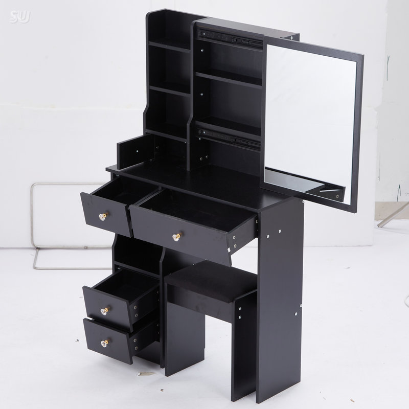 Compact Left Drawer Vanity Table With Cushioned Stool And Extra Large Sliding Mirror, Black