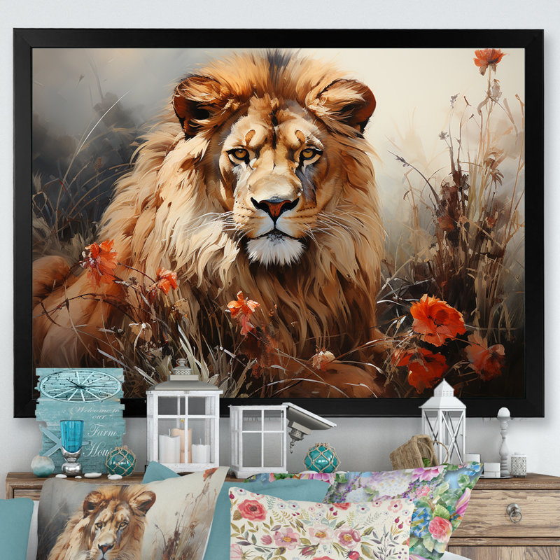 «Lion Wilderness Symphony I» sur toile, Cadre simple noir, H 30 po x l 40 po x P 1,5 po